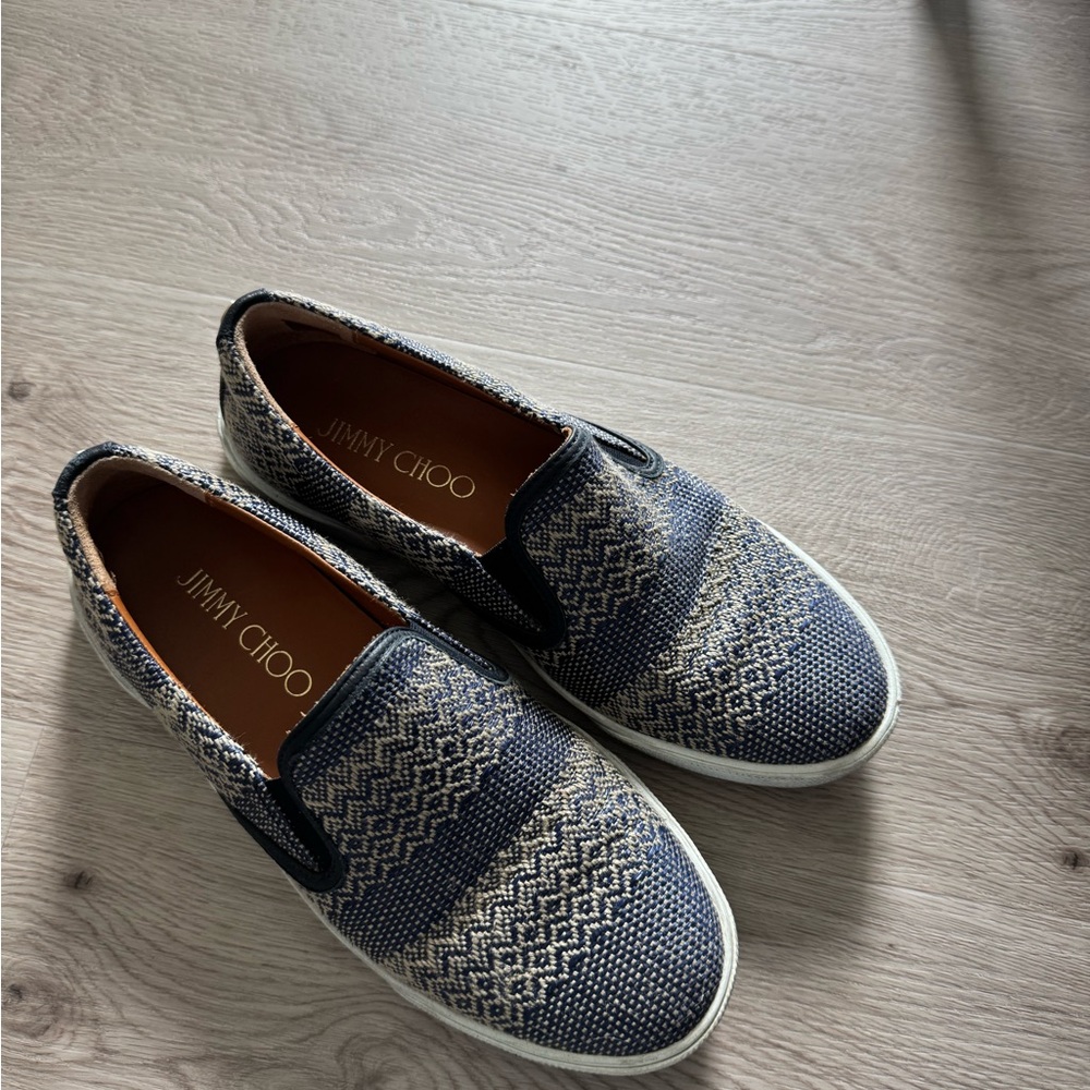 Jimmy Choo Women’s Navy and Beige Slip-Ons